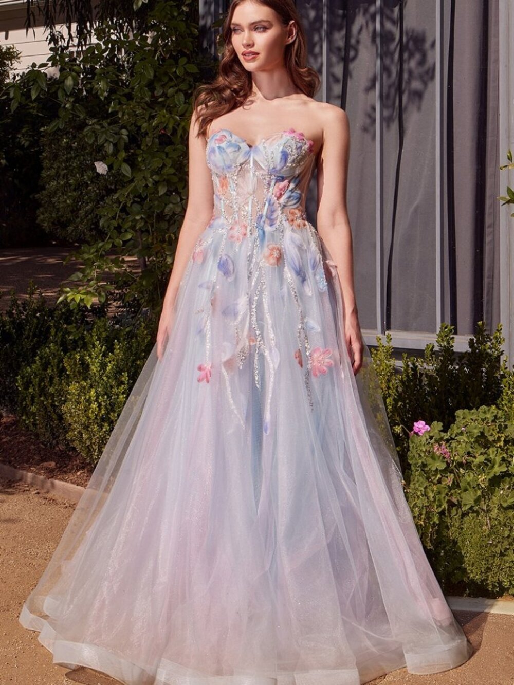 NEW FORMAL LONG SLEEVELESS STRAPLESS FLORAL PROM DRESS W/ SHEER BODICE A1383